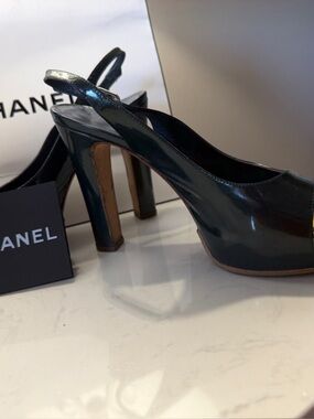 CHANELPatent Leather 5”  Slingback Heels with Silver embossed Toe Cap